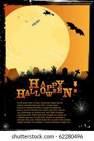 Halloween invitation or card in orange design depicting starry night, witch, bats, graves, crosses, web, zombie hand...