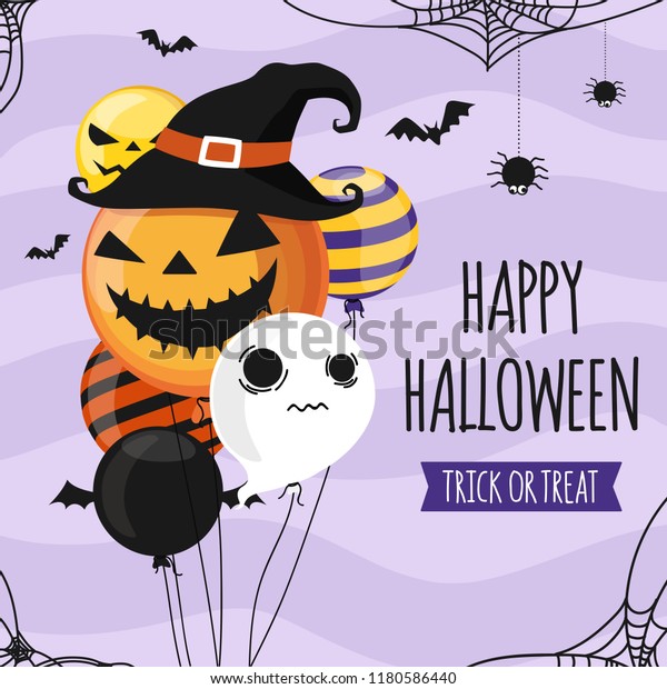 Halloween Einladungskarten Party Design Vorlage Halloween Ballons Auf Weichem Violettem Stock Vektorgrafik Lizenzfrei