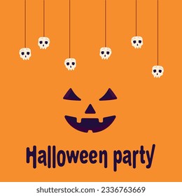 Halloween invitation card. Halloween party. Pumpkin Jack. The background is orange. Vector illustration in flat design style.  Halloween party flyer or invitation template