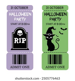 Halloween invitation card. Halloween party tickets hand drawn isolated on white background. Green and purple tickets with cat and grave.
