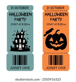 Tarjeta de invitación de Halloween. Boletos de fiesta de Halloween dibujados a mano aislados sobre fondo blanco. Entradas azules y naranjas con casa embrujada y calabaza.
