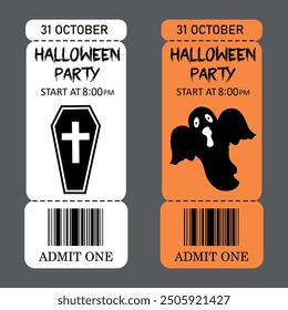 Halloween invitation card. Halloween party tickets hand drawn isolated on white background. White and orange tickets with coffin and ghost.
