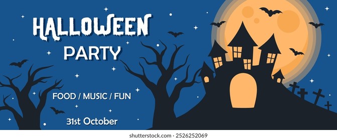 Halloween invitation card with a picture of a gothic house, moon, bats and trees. Flat vector illustration.