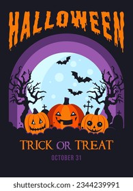 Halloween invitation card or poster with bats and pumpkins on graveyard by moon. Halloween trick or treat poster with old gothic ghost cemetery.