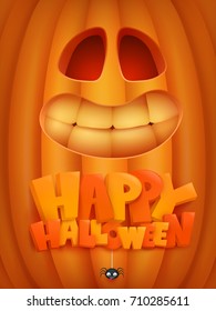 Halloween invitation card with pumpkin cartoon face. Vector illustration