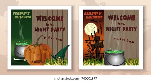 Halloween invitation card set. Welcome to the night party. Trick or treat. Jack-o-lantern on a wooden background. Witch hat and witch cauldron in the cemetery in full moon. Vector illustration