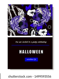 Halloween invitation card with skulls, bugs and hand drawn flowers. 