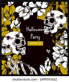 Halloween invitation card with skulls, bugs and hand drawn flowers. 