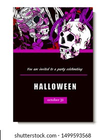 Halloween invitation card with skulls, bugs, cap and hand drawn flowers. 