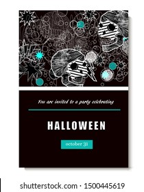 Halloween invitation card with skulls, lines, stars and abstract objects  