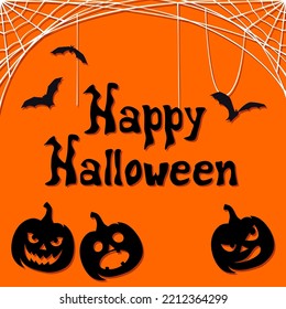 Halloween invitation card with Jack-O’-Lanterns, a spider web, and bats. Vector black and orange card design