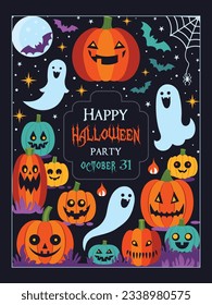 Tarjeta de invitación de Halloween con aguafiestas, murciélagos y calabazas. Volante de fiesta monstruo de Halloween con viejo cementerio fantasma gótico.