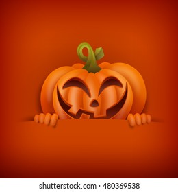 Halloween invitation card template with smiley pumpkin. Vector illustration