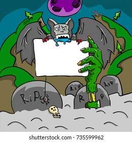 Halloween invitation card vector illustration. Zombie hand and nice bat