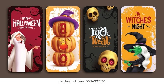 Diseño de póster de Vector de tarjeta de invitación de Halloween. Tarjeta de felicitación de truco o trato de Halloween con mago aterrador, bruja espeluznante, calabazas jack o y colección de Elementos de cráneo. Ilustración vectorial horror regalo 