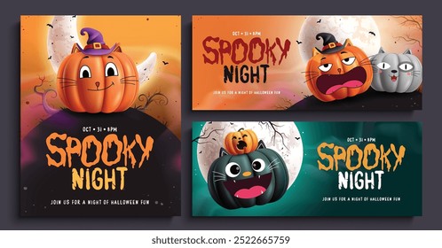 Halloween invitation card vector poster set design. Spooky night greeting text with cat pumpkins cute characters for trick or treat kids party flyers collection. Vector illustration creepy invitation 