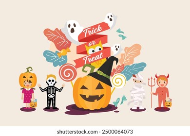 Invitación de Halloween con niños en tarjeta de felicitación de disfraz. Halloween búho de calabaza y fantasma. Ilustración vectorial