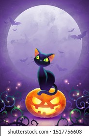 Halloween invitation with copy space. Trick or treat poster. Cartoon black cat face pumpkin bat and spider on full moon background. Greeting card. Watercolor design. Vector illustration.
