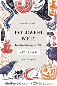 Halloween invitation design template. Greeting card, flyer, poster. Skull, bones, Halloween pumpkin, poisonous mushrooms, snakes, raven sketches. Hand-drawn vector illustration. 