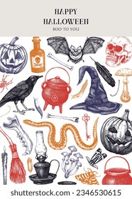 Halloween invitation design template. Skull, bones, Halloween pumpkin, poisonous mushrooms, snakes, raven sketches. Hand drawn vector illustration. Witchcraft shop flyer, greeting card, book cover, 