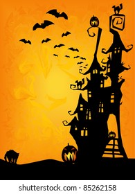 halloween invitation, flyer or background with spooky castle, cats and pumpkins