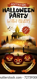 Halloween invitation with free entrance. Pumpkins on graveyard in horror moonlight. Haunted castle on the background