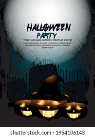 Halloween invitation greeting card,  creative night background with haunted spooky tree and glowing pumpkin 