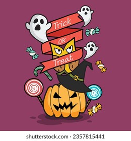 Halloween invitation greeting card doodle style. Halloween pumpkin owl and ghost. Vector illustration