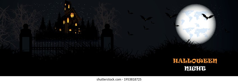 Halloween invitation greeting card with horror house and full moon