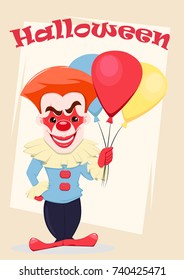 Halloween invitation or greeting card. Smiling evil clown with air balloons. Vector illustration on abstract background