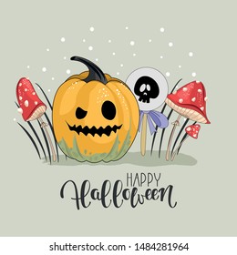 Halloween invitation. Greeting card template with cute monsters,
 pumpkins and handwritten inscription phrase " Happy Halloween"