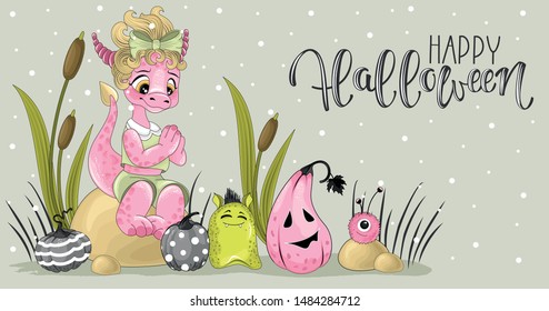 Halloween invitation. Greeting card template with cute Dragons, pumpkins and handwritten inscription phrase " Happy Halloween"