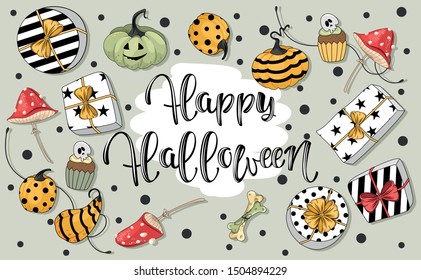 Halloween invitation. Greeting card template with cute 
 pumpkins and handwritten inscription phrase " Happy Halloween"