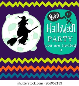 Halloween invitation or greeting card template with hand drawn cartoon witch and chevron pattern on the background.