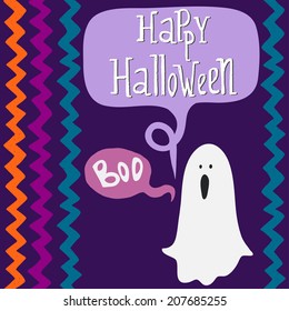 Halloween invitation or greeting card template with hand drawn cartoon ghost and speech bubbles for the text with chevron pattern on the background.