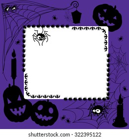 Halloween invitation or greeting card template with cartoon web, spiders, pumpkins, bats, candles and frame for the text