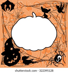 Halloween invitation or greeting card template with cartoon web, spiders, pumpkin, bat, crows, spider, cat and frame for the text