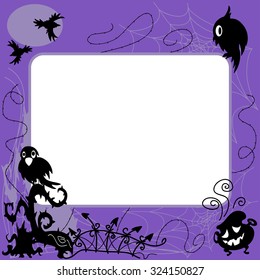 Halloween invitation or greeting card template with cartoon doodle blackthorn, fence, cauldron, owl, crows, spiderweb, moon and frame for the text