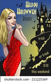 Halloween invitation with haunted house and vampire