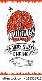 Halloween invitation with holiday decoration zombie hand and brain vector illustration banner for witch, costumes, horror party. Design flyer with vintage lettering and hand-drawn graphic elements.