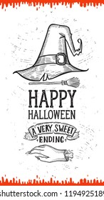 Halloween invitation with holiday decoration zombie hand and hat vector illustration banner for witch, costumes, horror party. Design flyer with vintage lettering and hand-drawn graphic elements.