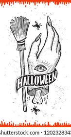 Halloween invitation with holiday decoration zombie hand and broom vector illustration banner for witch, costumes, horror party. Design flyer with vintage lettering and hand-drawn graphic elements.