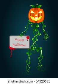 Halloween invitation. "Human-pumpkin" with a cardboard in hand.Vector.