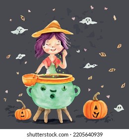 Halloween invitation poster with scary pumpkins, little witch and cute creatures.