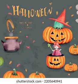 Halloween invitation poster with scary pumpkins, little witch and cute creatures.