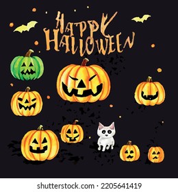 Halloween invitation poster with scary pumpkins and white cat. 