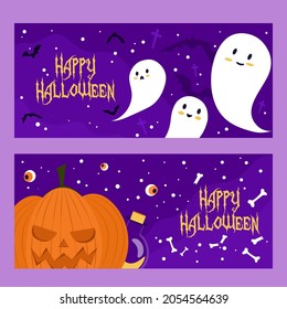 Halloween invitation posters with scary but kind ghosts and pumpkin on purple background.