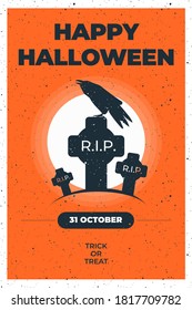 Halloween invitation with spooky black raven sitting on cemtery grave and full moon behind. Flyer template for Halloween party.  Greeting Card