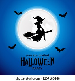 Halloween invitation template with illustration of flying witch