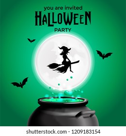 Halloween invitation template with illustration of flying witch and green potion in pot